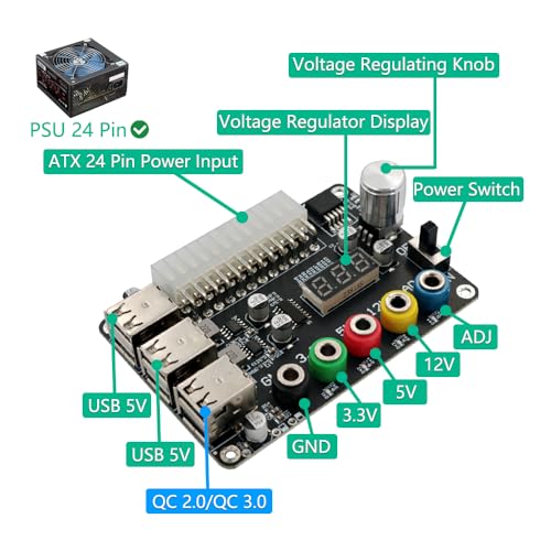 HLT ATX Power Supply Breakout Board with Adjustable Voltage Knob and 6- Port USB 2.0,and QC 2.0/QC 3.0, 3A Maximum Output,