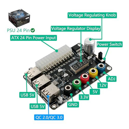 HLT ATX Power Supply Breakout Board with Adjustable Voltage Knob and 6- Port USB 2.0,and QC 2.0/QC 3.0, 3A Maximum Output,