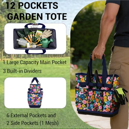 MELOTOUGH 12-Pocket Garden Tool Bag with Hard Bottom, Gardening Tote, Blue - color: Blue Flower