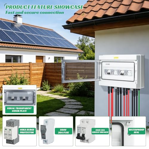 4 in 2 Out Solar Combiner Box,PV Combiner Box with 20A PV Fuse,DC 40A Circuit Breaker and Surge Protector,IP65 Solar Disconnect Switch Box for Indoor Outdoor Solar Panel System (4 in 2 Out 20A 500V) - size: 4 In 2 Out 20A 500V