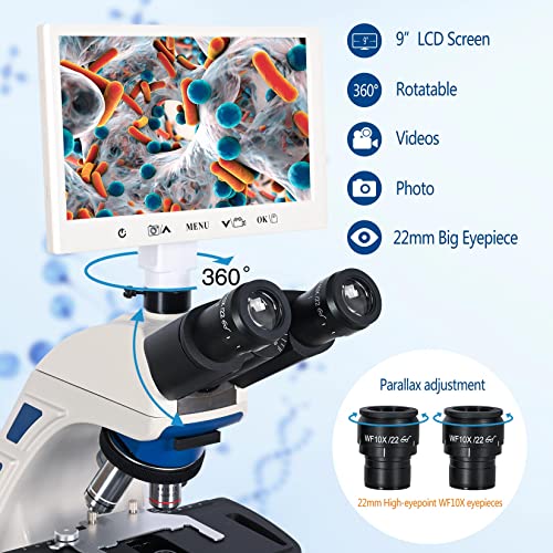HSL Trinocular Compound Microscope for Adults Professional,9 inch LCD Digital Microscope kit,Electron microscopes Light,Biological Microscope LAB with Screen 400x 1000x Micro Scope