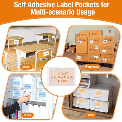 40 Pcs Clear Adhesive Pockets,4x6 inch Index Card Holders for Storage Bin - size: 4"X6"
