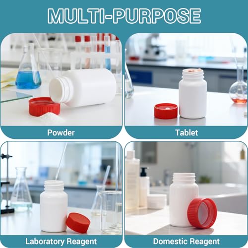 3.4oz Plastic Pill Bottles with Child Resistant Caps, Empty White HDPE Solid Containers with Labels, Reusable Supplement Bottles for Powder, Pills, Vitamins (8 Pack) - color: White+red, size: 3.4oz/100ml