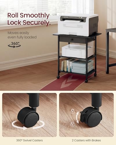 VASAGLE 3-Tier Printer Stand with Locking Wheels, Under Desk Printer Table - color: Ebony Black, size: 3 Tiers with Drawer