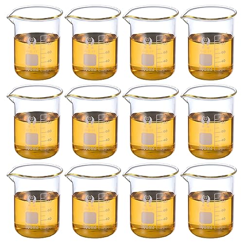 PATIKIL 100ml Low Form Glass Beaker, 12 Pack 3.3 Borosilicate Glass Graduated Printed Scale Measuring Cups with Spout for Kitchen Lab Liquids - size: 100ml