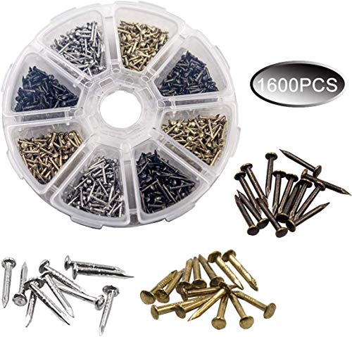 Wooden Tiny Nails 2/5inch 1/3inch 1/4inch for DIY Decorative Pictures Wooden Boxes Household Accessories 1600pcs Gold Silver Bronze Hardware Nails+Tweezers (Boxed Nails)