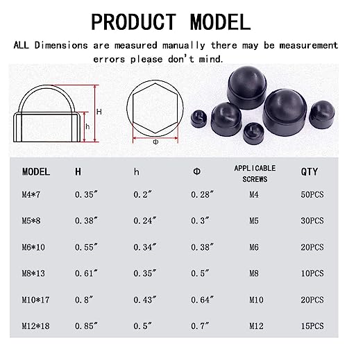 wugongshan 145 Pcs Screws Bolt Covers Caps, Hex Head Dome Bolt Covers, Plastic Bolt Caps, Screw Caps Covers, Hexagonal Screw Bolts Cover Protection Caps for Matching, M4 M5 M6 M8 M10 M12