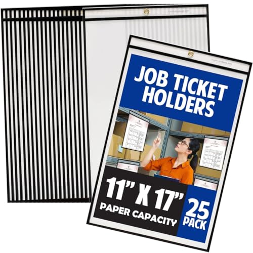 11x17 Job Ticket Holders Heavy Duty 25 Pack, Stitched Clear Vinyl Sleeves, Work Order Sleeves, Shop Ticket Holders with Hanging Eyelet, Acid-Free, Archival Safe - Office Werks