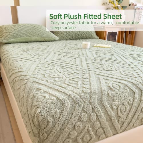 European Damask Embossed Plush Fitted Sheet,Full,Green,54x76inch - color: Green, size: Full(54"×76")
