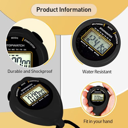 Stopwatch Sport Timer, 2 Pack Large Display Digital Stopwatch Timer with Date Time, No Alarm Silent Easy to Set Stopwatches for Sports, Coaches, Kids, Swimming and Running (Black) - color: Black