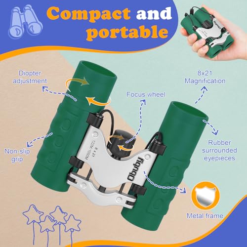 Real Binoculars for Kids Gifts for 3-12 Years Boys Girls 8x21 High-Resolution Optics Compact Toy Binocular for Bird Watching,Travel, Camping - color: Green