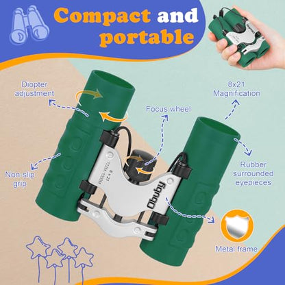 Real Binoculars for Kids Gifts for 3-12 Years Boys Girls 8x21 High-Resolution Optics Compact Toy Binocular for Bird Watching,Travel, Camping - color: Green