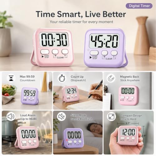 Antonki 2 Pack Digital Timer for Kids Classroom Kitchen Timers for Cooking - color: Pink + Purple
