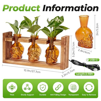 Skull Plant Propagation Station with LED Lights - Halloween Decor Skull Planter, Hydroponics Pot for Office, Unique Gifts for Women & Plant Lovers(Amber)