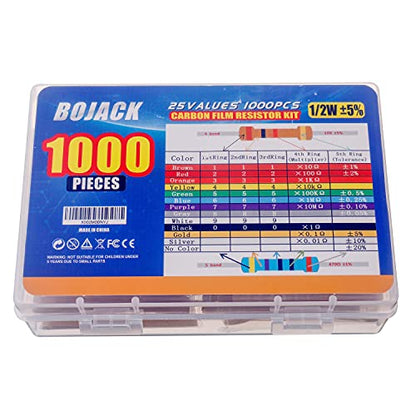 BOJACK 1000 Pcs 25 Values Resistor Kit 1 Ohm-1M Ohm with 5% 1/2W Carbon Film Resistors Assortment - size: 1/2 W