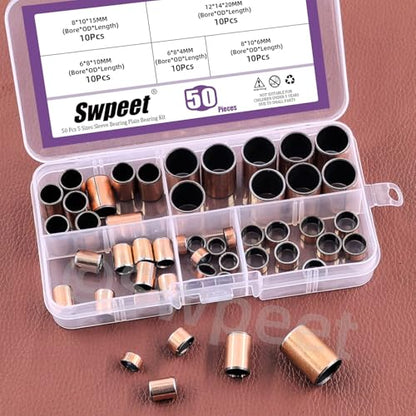 Swpeet 50cs 5 Size 6mm(Bore)×8mm(OD), 8mm(Bore)×10mm(OD), 12mm(Bore)×14mm(OD) Sleeve Bearing Assortment Kit, Plain Bearings Wrapped Oilless Bushings, Bronze Sintered Sleeve Bearings