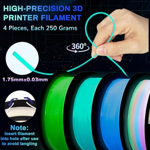 Glow in The Dark PLA+3D Printer Filament, PLA+Filament 1.75 mm, Stronger Lighting Effect, Glow Filament Multicolor for Most 3D Printers, 4 Spools 250g Each - Green, Blue, Blue-Green, Rainbow - color: Green/Blue/Blue Green/Rainbow