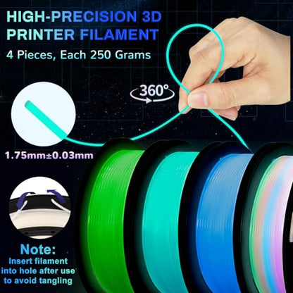 Glow in The Dark PLA+3D Printer Filament, PLA+Filament 1.75 mm, Stronger Lighting Effect, Glow Filament Multicolor for Most 3D Printers, 4 Spools 250g Each - Green, Blue, Blue-Green, Rainbow - color: Green/Blue/Blue Green/Rainbow