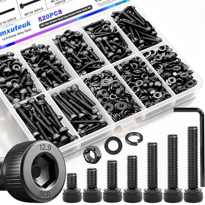 mxuteuk M2 Screws Assortment,M2 x 4/6/8/10/12/16/20mm Hex Socket Head Cap Screws Bolts Nuts Kit, 520PCS 12.9 Grade Alloy Steel Assorted Screws Small Metric Screws Suitable for 3D Printer DIY - size: 520PCS M2