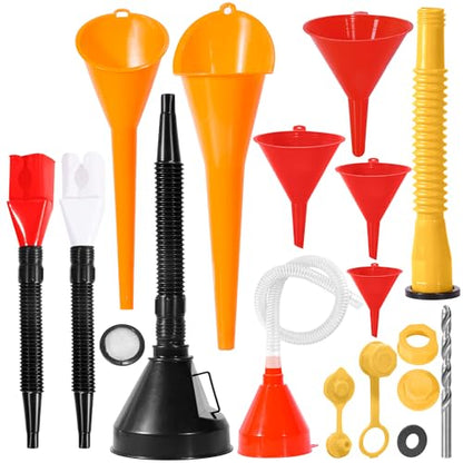17 Pcs Automotive Funnel Set & Gas Can Spout Replacement, Plastic Long Neck Oil Funnel, Flexible Right Angle Funnels,Wide Mouth Fuel Funnels Gasoline Set for Water/Gasoline/Coolant/Engine Oil