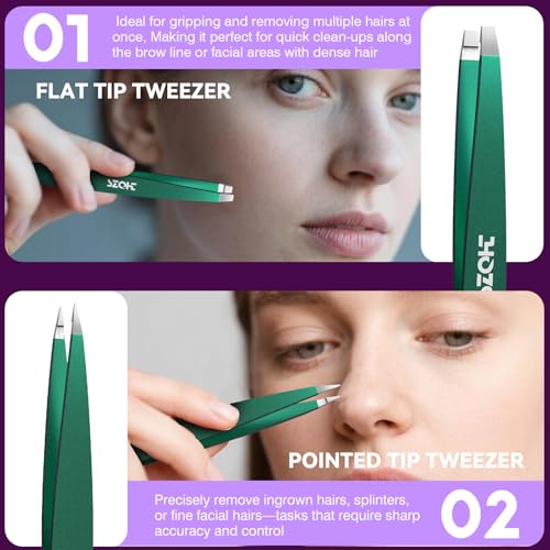 4-Piece Precision Tweezers Set - Stainless Steel Slant, Pointed, Flat & Angled Tips forEyebrow Shaping, Facial & Ingrown Hair Removal - Eco-Friendly Gift Packaging - Women& Men - color: Green