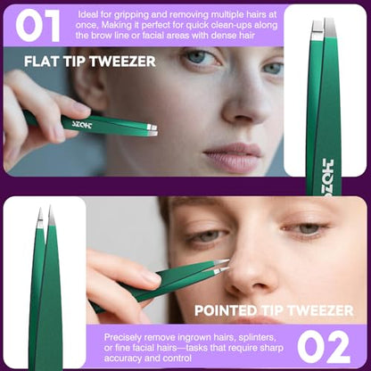 4-Piece Precision Tweezers Set - Stainless Steel Slant, Pointed, Flat & Angled Tips forEyebrow Shaping, Facial & Ingrown Hair Removal - Eco-Friendly Gift Packaging - Women& Men - color: Green