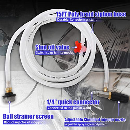 FIXFANS Adjustable Pressure Washer Long Range Nozzle, 15 FT Braid Hose, Downstream Injector Kit for High Power Washer, External Chemical Injection with 1/4 Inch Quick Connector, 2-2.5 GPM - size: 15 FT Hose: 2-2.5 gallon