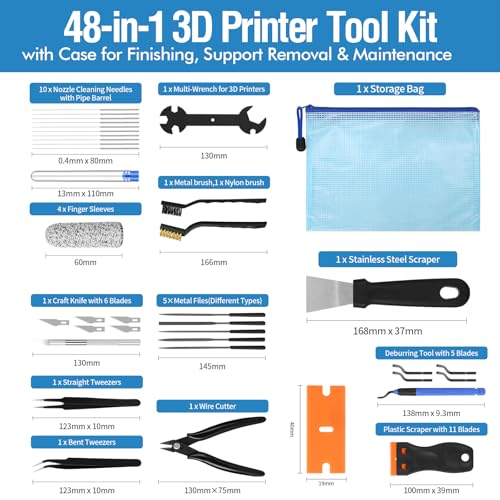 48PCS 3D Printer Tools, 3D Printer Tool Kit for 3D Printing Removing, Cleaning & Finishing, Includes Deburring Tool, Nozzle Cleaner, Scraper, Files, Wire Cutter, Craft Knife, Wrench & Tweezers - style: 48-Piece Kit