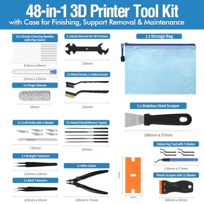48PCS 3D Printer Tools, 3D Printer Tool Kit for 3D Printing Removing, Cleaning & Finishing, Includes Deburring Tool, Nozzle Cleaner, Scraper, Files, Wire Cutter, Craft Knife, Wrench & Tweezers - style: 48-Piece Kit