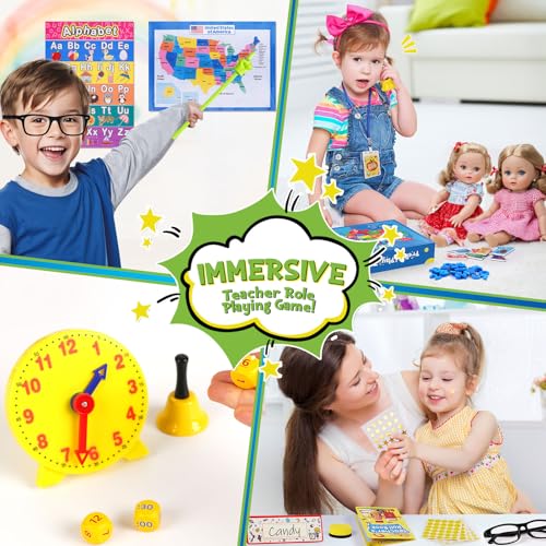 UOMTFAI Pretend Play Teacher Set, Kids Pretend Teacher Playset with Whiteboard Learning Clock Magnetic Numbers and Map Puzzles, Pretend Play Teaching Toys Learning Education Toys for Kids