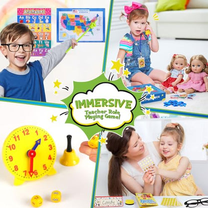 UOMTFAI Pretend Play Teacher Set, Kids Pretend Teacher Playset with Whiteboard Learning Clock Magnetic Numbers and Map Puzzles, Pretend Play Teaching Toys Learning Education Toys for Kids