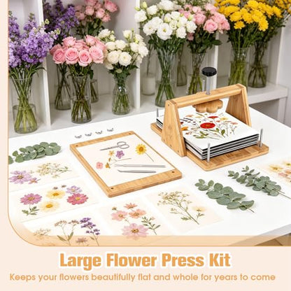 Bemoauty Flower Pressing Kit for Adults and Teens, 6 Layers Wood Flower Press 11.8" x 8", Flower Preservation Kits with 6 Sponge Sheet, Drying Plates and 24 Lining Papers, DIY Art & Crafts Gift