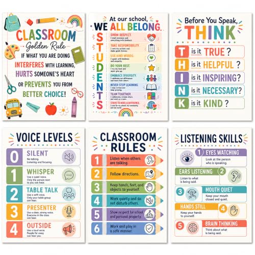 6 Pcs Classroom Rules Poster, Voice Level Chart for Classroom, Class Rules Posters for Elementary and Middle School, Teacher Classroom Decor, Teacher Must Haves and Essentials 11x14 inches - color: Rainbow Class Rules