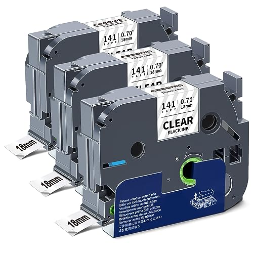 3-Pack Tze-141 Compatible for Brother 18mm 3/4" Black Print on Clear Tape - color: Black on Clear