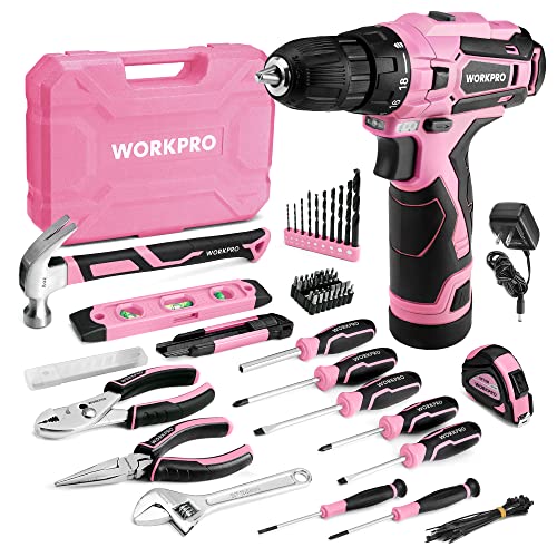 WORKPRO 12V Cordless Pink Drill Set for Women, Home Tool Kit with Tool box - color: Pink