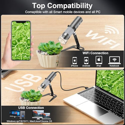 Wireless Digital Microscope 4K HD Wi-Fi Microscope Camera Digital Magnifier Compatible for iPhone, Android Phones and PC (Black)
