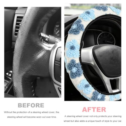 15" Plush Flower Car Steering Wheel Cover (Blue) - color: Blue