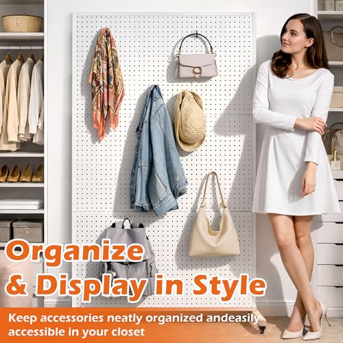 Royxen 3.5 x 6 Feet Metal Pegboard with 50 Hooks, Peg Board Display Stand with Wheels, Large Standing Pegboard Displaywith T-Base Art Display Stand for Retail Stores Exhibitions Homes (White) - color: white