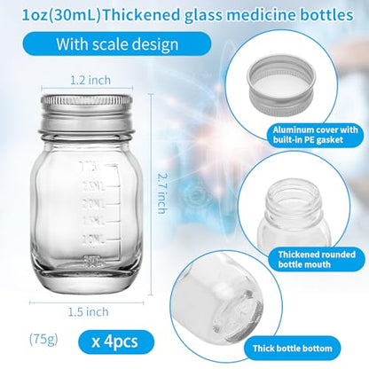 4Pcs Glass medicine bottles 1oz 30 ml Glass Reagent Bottles Transparent Sample Jar,Wide Mouth,Screw Cap with Scale for Home, Argent Lid (4)