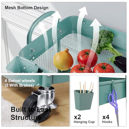 3 Tier Green Metal Rolling Cart with Lockable Wheels, 3 Tiered Roller Shelf - color: Elegant Green, size: 3 tier