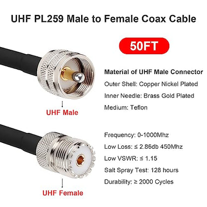 MOOKEERF PL-259 UHF CB Coax Cable 50FT, RG58 PL-259 UHF Male to Female Low Loss Antenna Extension Jumper for HAM Radio, Antenna Analyzer, Dummy Load, SWR Meter - size: 50FT