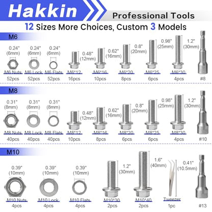 370PCS Metric Flange Bolt Assortment, M6x1.0, M8x1.25, M10x1.5 (12mm to 40mm) Hex Head Bolts and Nuts Assortment, Stainless Steel 304 Flange Bolts Nuts Washers Kit Hakkin, Hex Socket Included - size: L. M6 M8 M10