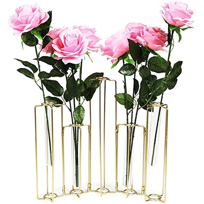 Juvale 6-Pack Metal Hinged Bud Vases Stand - 14 x 11.8 in, Gold, Modern - Lantern Centerpieces, Tulipiere & Flower Stick Holder with Metal & Glass Test Tube Floral Vases - size: 14 x 2 x 11.8 inches