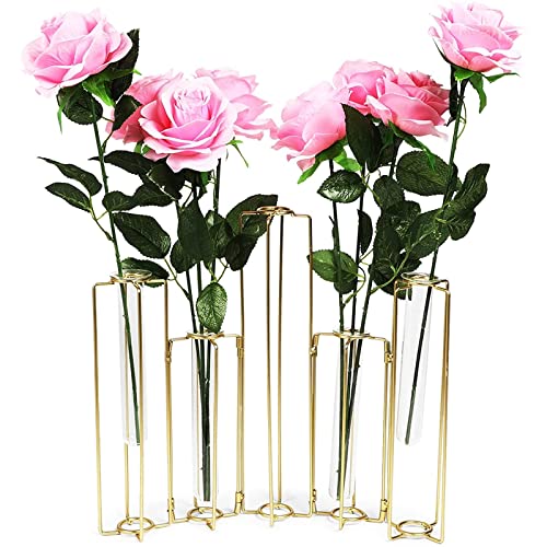 Juvale 6-Pack Metal Hinged Bud Vases Stand - 14 x 11.8 in, Gold, Modern - Lantern Centerpieces, Tulipiere & Flower Stick Holder with Metal & Glass Test Tube Floral Vases - size: 14 x 2 x 11.8 inches