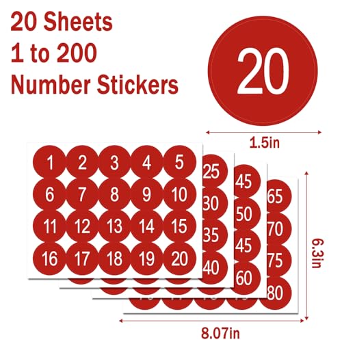 20 Sheets 1.5 Inch Number Stickers 1-200 Number Stickers 2 Sets Red Self-Adhesive Consecutive Sticker Numbers Vinyl Numbered Labels Inventory Sticker Decal for Indoor Outdoor, Storage, Organizing - color: Red,1.5",2sets(1-200)