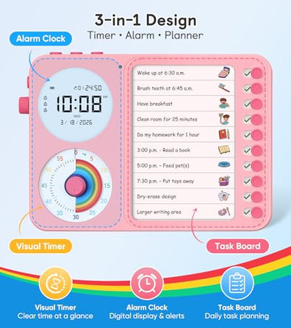 3-in-1 Visual Timer & ADHD Tool for Kids with Chore Chart & Planning Board - color: Pink