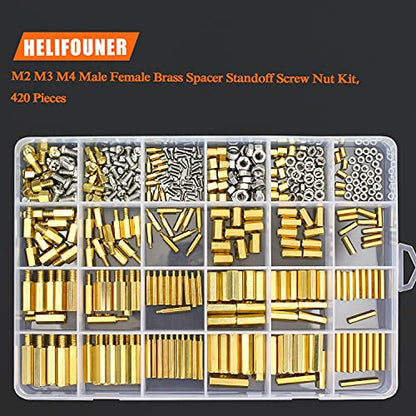 HELIFOUNER 420 Pieces M2 M3 M4 Male Female Hex Brass Spacers Standoffs Screws Nuts Assortment Kit with a Tweezers - size: M2 M3 M4 Brass Standoff Kit