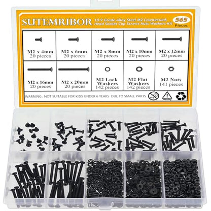 565 Pieces M2 Screws Nuts Washers Set Black, Sutemribor M2 x 4/6/8/10/12/16/20mm Countersunk Head Socket Cap Screws Nuts Washers Assortment Kit, 10.9 Grade Alloy Steel, Fully Threaded - size: M2, style: Countersunk Head Socket Cap