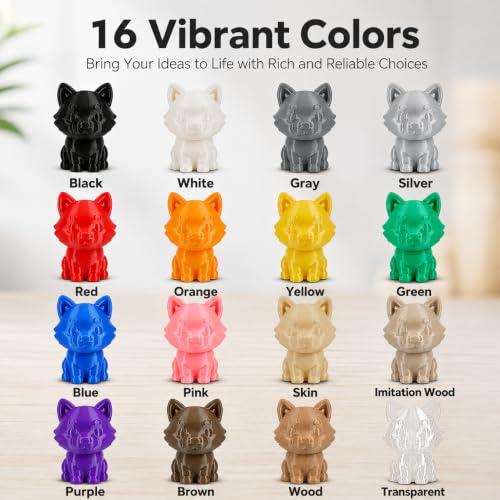 PLA 3D Printer Filament Bundle, Dimensional Accuracy +/- 0.02 mm, 16 x 1 kg Spool(35.2lbs), 1.75 mm，Black White Grey Red Green Blue Yellow Purple Silver Transparent Pink Orange Wood Brown - color: 16*1kg Multi