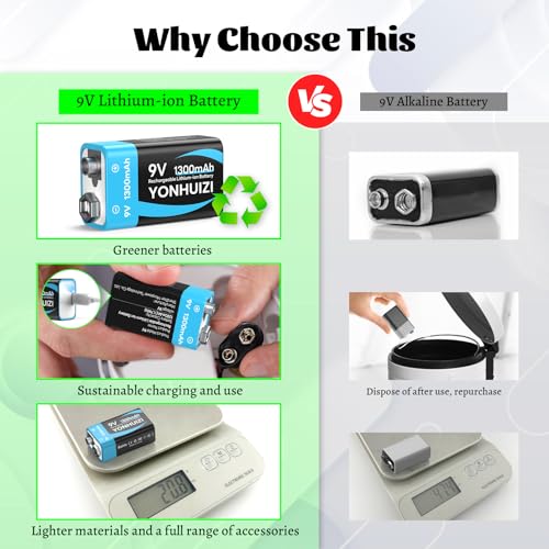 2-Pack 1300mAh Rechargeable 9V Batteries, 9 Volt Lithium-ion Square Battery Long Lasting Power+Clip Connector and Storage Box for Smoke Alarms, Student Experiment or Other Equipment - size: 2Pcs
